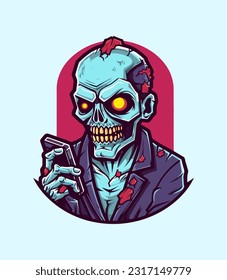 Ilustración dibujada a mano, intrincada y cautivadora, de un zombi conquistando el mundo digital a través de los juegos telefónicos