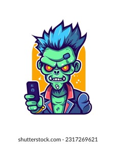 Intricate and captivating hand drawn illustration of a zombie conquering the digital world through phone gaming