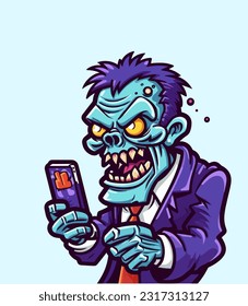 Intricate and captivating hand drawn illustration of a zombie conquering the digital world through phone gaming