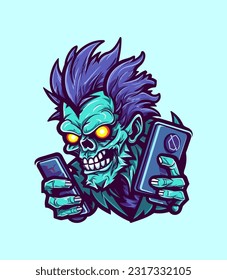 Intricate and captivating hand drawn illustration of a zombie conquering the digital world through phone gaming