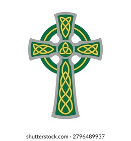 Intricate celtic cross featuring green and yellow knot patterns on a gray base. traditional irish religious symbol.