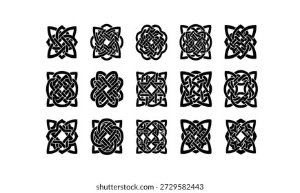 Conjunto de Ilustración vectorial de silueta de patrones de nudo de tejido celta intrincado para Elementos de logotipos de marcas culturales geométricas complejas de diseño de ornamentos tradicionales