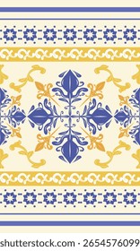 Intricate central emblem Moroccan inspired surrounded by alternating horizontal tile-style bands in a vivid blue yellow palette. Excellent for digital backgrounds, printable cards, premium paper goods