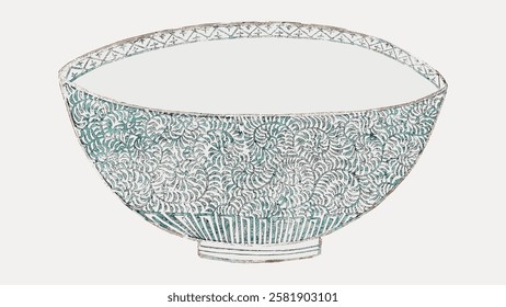 Intricate ceramic bowl with detailed patterns, showcasing delicate craftsmanship. The bowl features elegant designs, highlighting artistic ceramic work. Vintage home decor illustration vector.