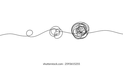 Intricate chaotic lines of thought from a small tangle to a large one, hand-drawn in one continuous line. Graphic black and white vector illustration. Modern minimalistic background for banner, design