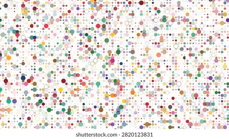 An intricate and cheerful abstract composition showcasing a rich variety of densely packed, brightly colored dots and empty rings, forming a captivating texture.