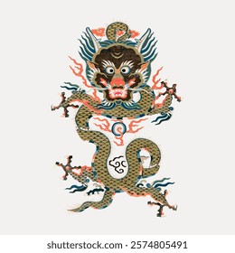 Intricate Chinese dragon illustration with vibrant colors, showcasing traditional art. The dragon features detailed scales, fierce eyes, and dynamic movement. Vintage illustration isolated, vector.