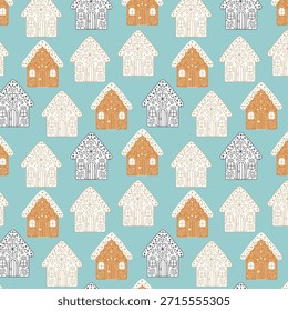 Intricate Christmas Gingerbread House Pattern on Blue for Holiday Textiles, Festive Wallpapers, Wrapping Paper, and Cozy Winter-Themed Projects
