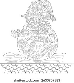 Intricate Christmas Snowman Line Art for Coloring, Detailed line art illustration of a cheerful Christmas snowman adorned with complex patterns, ready for coloring. Perfect for holiday-themed