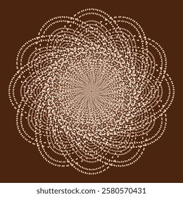 Intricate circular design with concentric dots on rich brown Mocha Mousse background. Geometric patterns. Artistic symmetry. Chocolate cute print. Harmonious visual effect. Luxury card. Dotted flower.