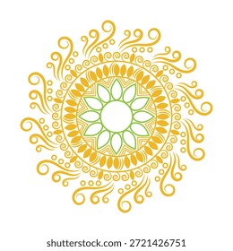 An intricate circular design featuring floral and geometric patterns in orange and green