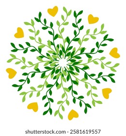 Intricate circular design featuring green leaves and yellow hearts in a vibrant pattern