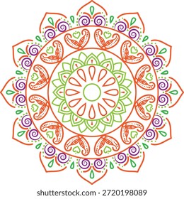 Un intrincado diseño circular con vibrantes patrones florales verdes, naranjas y morados