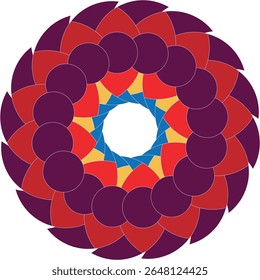 An intricate circular design with interlocking purple, red, gold, and blue petal shapes. A vibrant and symmetrical floral pattern on white.