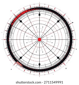 Um intrincado diagrama circular com um ponto vermelho central, linhas radiantes e círculos concêntricos com segmentos vermelhos e pretos, colocados contra um fundo branco.