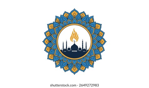Intricate Circular Floral Design Adorned with Silhouette of Islamic Architecture and a Flaming Gas Flame