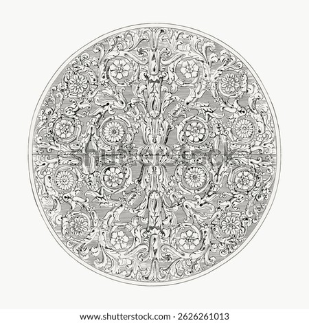 Intricate circular floral pattern with detailed floral motifs. The floral design features symmetrical floral elements, showcasing elaborate flower artistry. Decorative ornament vector.