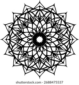 Un intrincado patrón geométrico circular con Elementos florales dispuestos en simetría radial. El diseño es complejo y decorativo, adecuado para diversas aplicaciones.