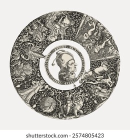 Intricate circular illustration with figures and patterns. Central figure in profile, surrounded by mythical creatures and ornate designs. Monochrome art piece. Vintage illustration isolated, vector.