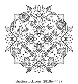 Intricate circular mandala design featuring elephants, lotus blooms, and decorative patterns, perfect for coloring.