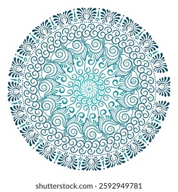 An intricate, circular mandala design in shades of blue and white, featuring a gradient effect and detailed patterns.