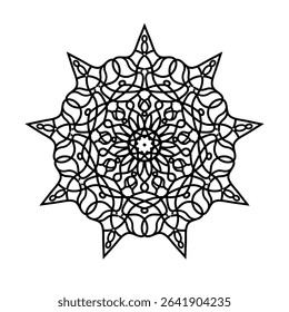 Intricate Circular Mandala with Spiked Edges in Black Outline on White Background