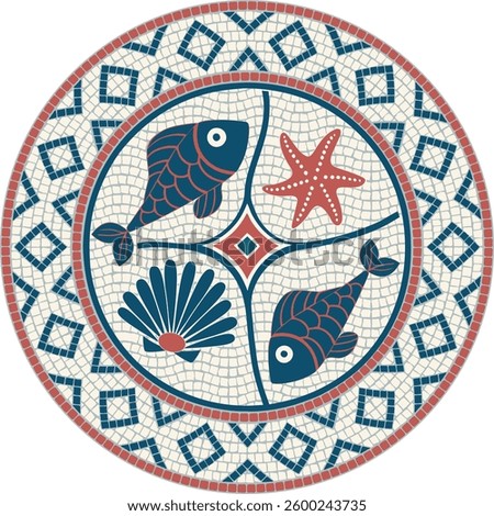 Intricate circular mosaic with a nautical theme, featuring fish, a starfish, and a seashell in blue and red tones. Inspired by ancient marine motifs. For ceramic, home decor, fabric and other projects