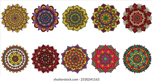 An intricate circular pattern with geometric shapes and symmetrical forms.