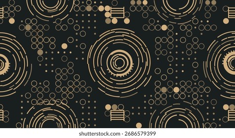 Intricate circular patterns with geometric abstract design and subtle particle accents on a dark background