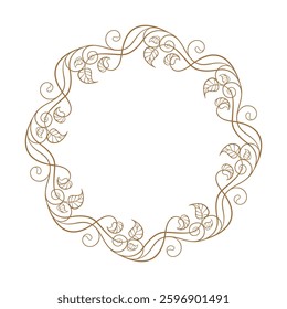 Intricate circular vintage round frame design that features elegant ivy leaves, stems ans swirls 