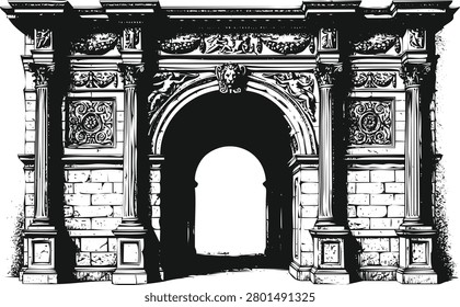 Intricate classical archway illustration with strong shadows evoking historical grandeur. Ideal for cultural or architectural promotions.