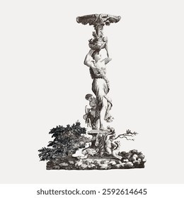 Intricate classical sculpture with a woman holding a decorative element, surrounded by cherubs and foliage. Detailed classical design, rich in texture and form. Vintage illustration isolated, vector.