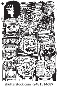 An intricate collection of abstract doodle characters in black and white, showcasing diverse expressions and whimsical designs.
