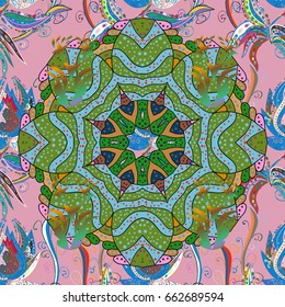 Intricate colored Arabesque with on a blue background. Vector abstract stylized colored mandala.
