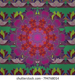 Intricate colored Arabesque with on a green, magenta and pink colors. Vector abstract stylized colored mandala.