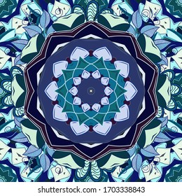 Intricate colored Arabesque with on a neutral, violet and blue colors. Vector abstract stylized colored mandala.