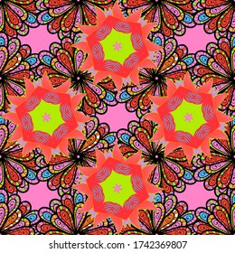 Intricate colored Arabesque with on a pink, orange and black colors. Vector abstract stylized colored mandala.
