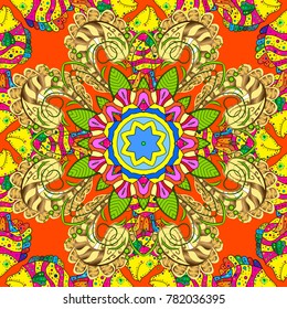 Intricate colored Arabesque with on a yellow, orange and green colors. Vector abstract stylized colored mandala.