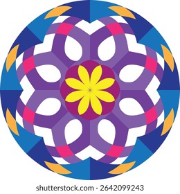 An intricate and colorful abstract floral mandala featuring a central yellow flower, interwoven purple and pink translucent petals, and an outer blue ring with geometric orange accents, 