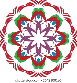 An intricate and colorful abstract floral mandala design featuring layered elements in green, red, blue, and purple, with an ornate red outer ring,