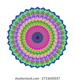 El intrincado y colorido patrón de chevrón irradia desde el centro en un hipnótico diseño circular.