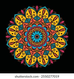 Intricate colorful Mandala Design with Symmetrical Floral and Geometric Patterns