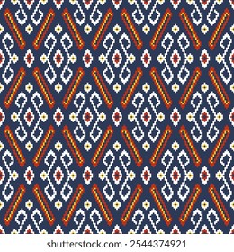 Intricate and colorful patterns, geometric pattern with a repeating diamond shape motif. Creating a vibrant and visually appealing design. Thai textiles, specifically the Bandhani style.