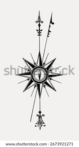 Intricate compass tattoo design featuring a star motif. The compass tattoo showcases detailed linework, with a star at its center. Perfect for tattoo inspiration. Vintage illustration, vector.