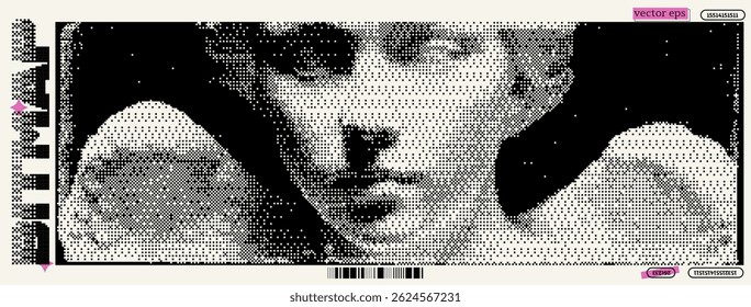 An intricate composition showcases a retro pixel art style, merging elements of dadaist influences and y2k aesthetics.