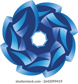 An intricate and cool abstract circular design featuring interlocking blue geometric petal-like shapes with gradient shading, creating a dynamic swirling pattern