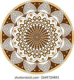 Arte Cósmica Mandala intrincada com redemoinhos e estrelas. Elegante Brown e Estrela Laranja Mandala Design.