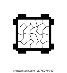 Intricate cracked pattern icon within a square border, representing stone masonry, mosaic tiling, or drought-stricken earth. Versatile design element for backgrounds and architectural textures.