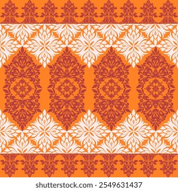 An intricate damask pattern featuring bold floral motifs in shades of orange and white. The design incorporates a repeating symmetrical pattern, creating a luxurious and traditional aesthetic