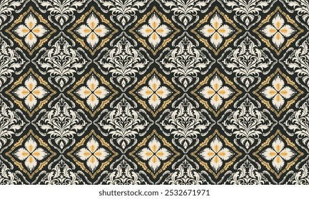 A intricate damask pattern with repeating geometric shapes and floral elements. A complex, intricate pattern in black, white, and gold. It resembles traditional damask fabric.